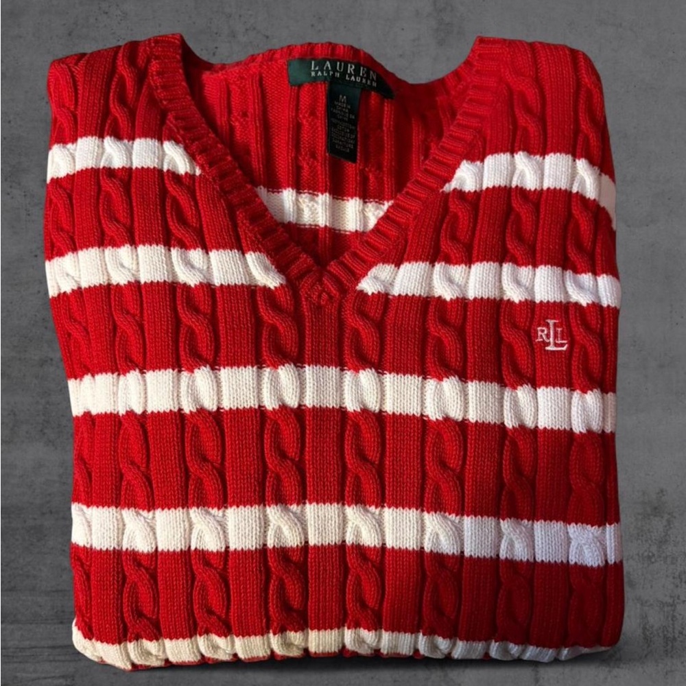 Ralph Lauren V Neck Cableknit Red White Striped Preppy Cotton Sweater - Picture 2 of 5